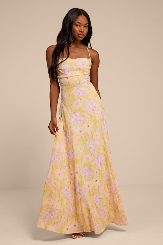 Chelly Yellow Multi Floral Lace-Up Maxi Dress