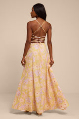 Chelly Yellow Multi Floral Lace-Up Maxi Dress