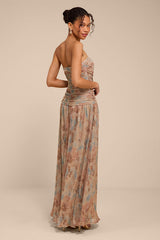 Aubriana Light Brown Multi Abstract Lurex Maxi Dress