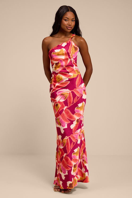 Sandria Magenta Multi Floral Satin One-Shoulder Maxi Dress