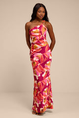 Sandria Magenta Multi Floral Satin One-Shoulder Maxi Dress