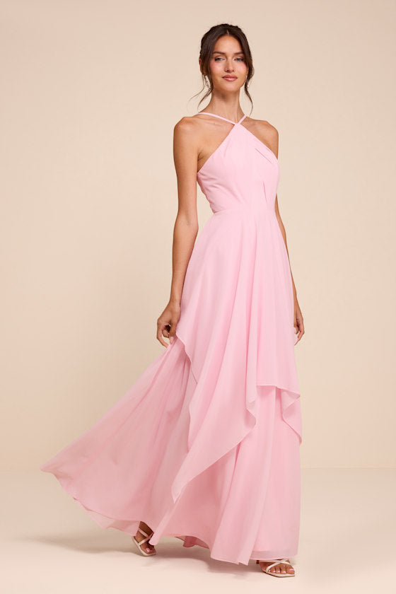 Aletta Light Pink Tiered Halter Maxi Dress