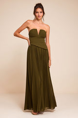 Zea Olive Green Pleated Drop Waist Maxi Dress