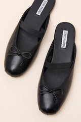 Cutesy Black Leather Ballet Flat Mules