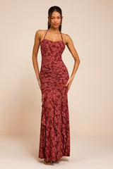 Dimona Rusty Rose Floral Burnout Ruched Maxi Dress