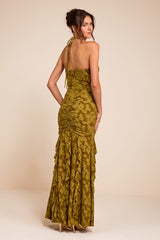 Dimona Olive Floral Burnout Ruched Maxi Dress