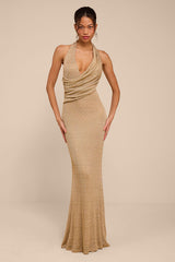 Grace Gold Knit Ruched Halter Maxi Dress