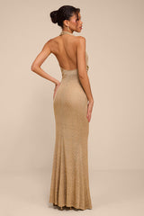 Grace Gold Knit Ruched Halter Maxi Dress