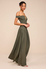 Aniya Olive Jersey Knit Drop Maxi Dress