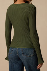Pruett Olive Green Ribbed Knit Long Sleeve Top