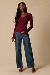 Pruett Burgundy Ribbed Knit Long Sleeve Top