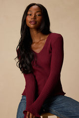 Pruett Burgundy Ribbed Knit Long Sleeve Top