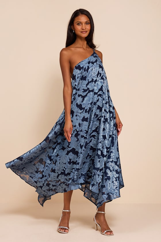 Deja Navy Floral Jacquard One-Shoulder Shift Midi Dress