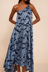 Deja Navy Floral Jacquard One-Shoulder Shift Midi Dress