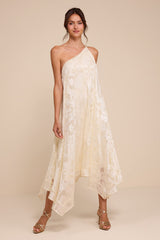 Deja Ivory Floral Jacquard One-Shoulder Shift Midi Dres