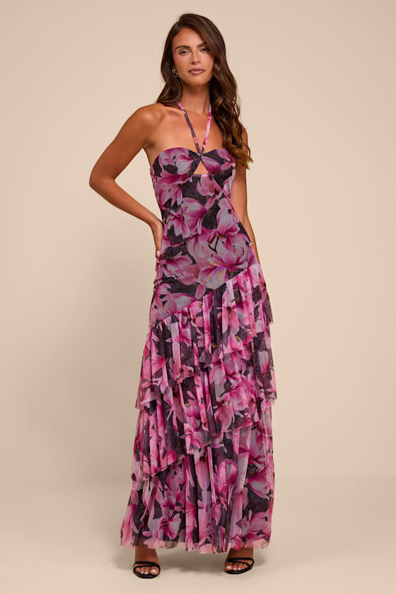 Donella Black Multi Floral Mesh Ruffled Maxi Dress