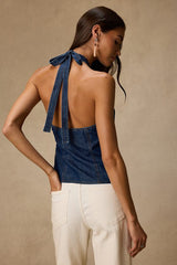 Soleil Dark Wash Denim Halter Wrap Top