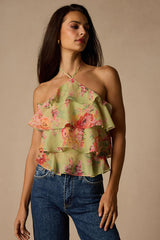 Nolia Light Green Multi Floral Tiered Halter Top