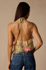 Nolia Light Green Multi Floral Tiered Halter Top