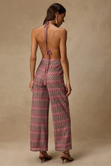 Shar Pink Multi Crochet Knit Backless Jumpsuit