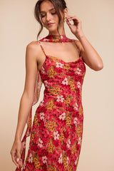 Rosetta Red Multi Floral Midi Dress and Scarf Set