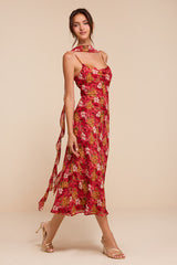 Rosetta Red Multi Floral Midi Dress and Scarf Set