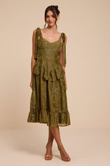 Elethea Olive Floral Jacquard Tie-Strap Midi Dress