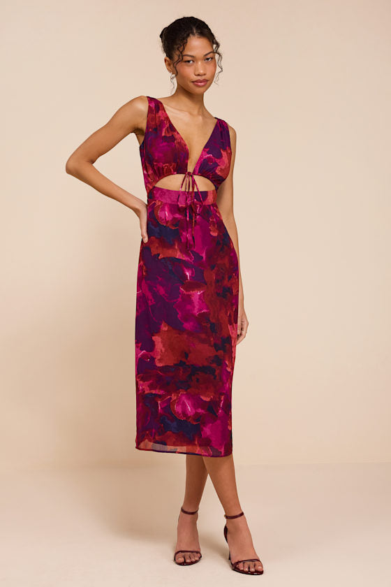 Nyasia Magenta Multi Abstract Tie-Front Midi Dress