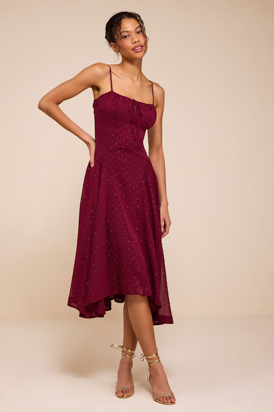 Arianna Burgundy Clip Dot Lurex Midi Dress