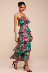 Nia Teal Multi Jacquard Organza Tiered Midi Dress