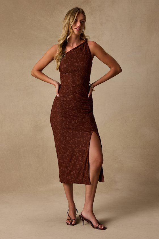 Remi Brown Lace Twisted Strap Midi Dress