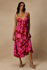 Sparrow Red and Pink Floral Tie-Front Midi Dress