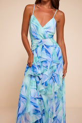 Astraea Light Blue Abstract Surplice Ruffled Maxi Dress