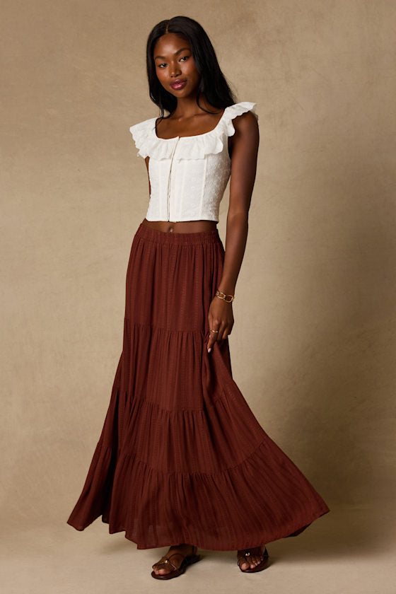 Sunset by the Sea Brown Embroidered Tiered Maxi Skirt
