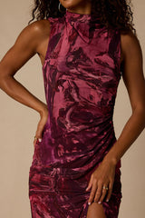 Rosannah Mauve Multi Abstract Mesh Mock Neck Midi Dress