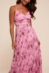 Whitley Light Pink Floral Pleated Sleeveless Maxi Dress