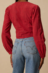Keyra Rust Red Button-Front Balloon Sleeve Crop Top