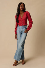 Keyra Rust Red Button-Front Balloon Sleeve Crop Top