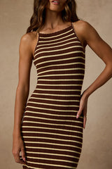 Naisha Brown and Yellow Striped Ribbed Knit Midi Dress