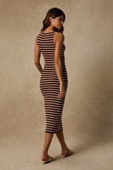 Naisha Brown and Yellow Striped Ribbed Knit Midi Dress