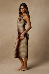 Naisha Brown and Yellow Striped Ribbed Knit Midi Dress