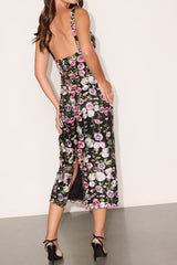 Alette Black Multi Floral Embroidered Column Midi Dress