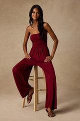 Flirty Posture Burgundy Jersey Knit Strapless Jumpsuit