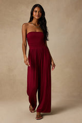 Flirty Posture Burgundy Jersey Knit Strapless Jumpsuit