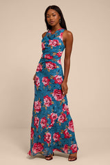Fernanda Teal Blue Multi Floral Cowl Maxi Dress