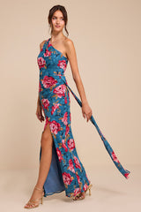 Miki Blue Floral Print One-Shoulder Sash Maxi Dress