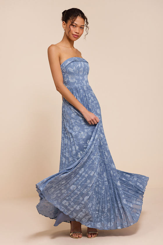 Elysium Slate Blue Floral Burnout Strapless Maxi Dress