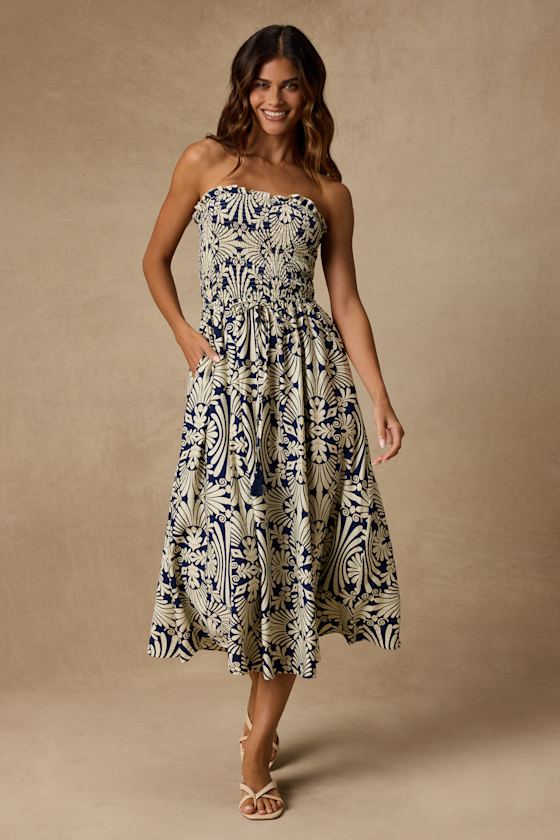 Megana Navy and Ivory Boho Print Smocked Midi Dress