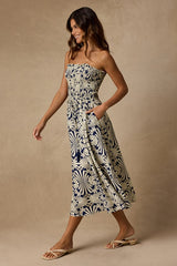 Megana Navy and Ivory Boho Print Smocked Midi Dress