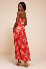 Novena Red Orange Multi Floral Drop Waist Midi Dress